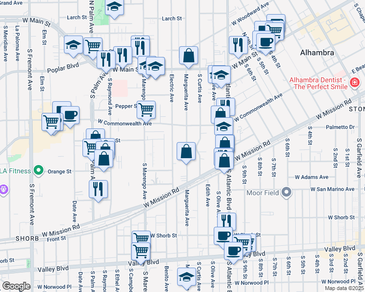map of restaurants, bars, coffee shops, grocery stores, and more near 409 Marguerita Avenue in Alhambra