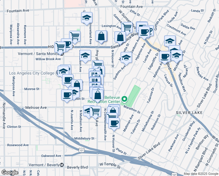 map of restaurants, bars, coffee shops, grocery stores, and more near 4029 Monroe Street in Los Angeles