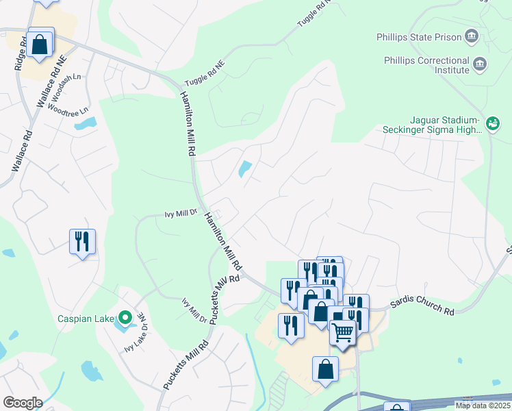 map of restaurants, bars, coffee shops, grocery stores, and more near 3400 Cascade Falls Drive in Buford