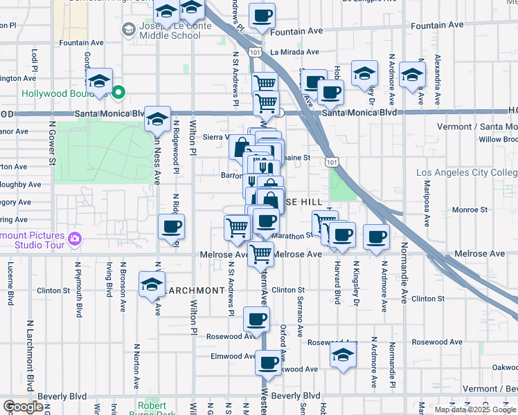 map of restaurants, bars, coffee shops, grocery stores, and more near 871 North Western Avenue in Los Angeles