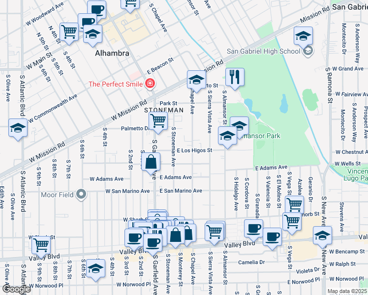 map of restaurants, bars, coffee shops, grocery stores, and more near 117 East Los Higos Street in Alhambra