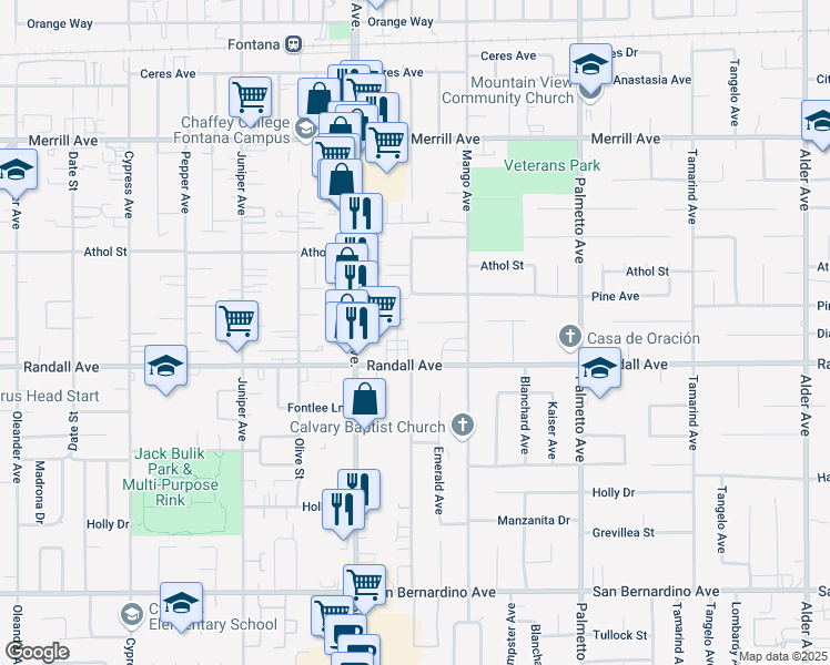 map of restaurants, bars, coffee shops, grocery stores, and more near 17005 Pinedale Court in Fontana