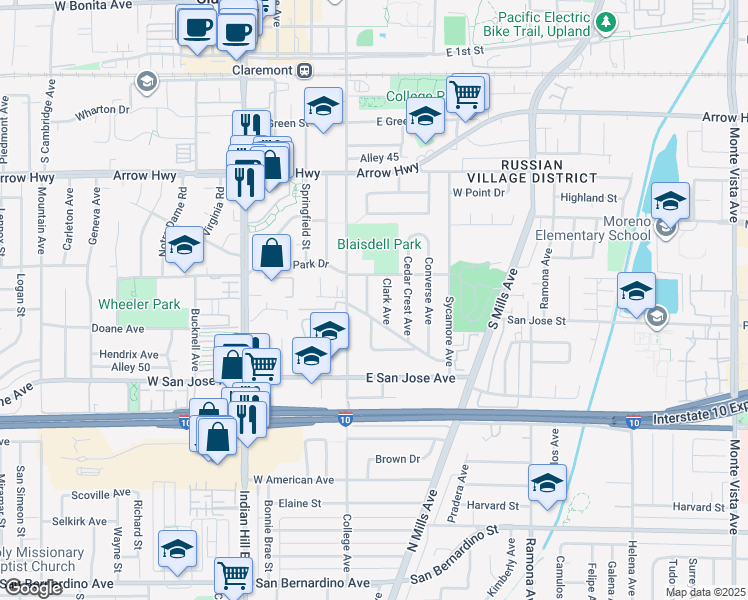 map of restaurants, bars, coffee shops, grocery stores, and more near 528 Citadel Avenue in Claremont