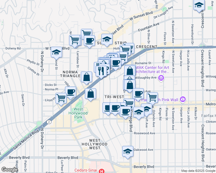 map of restaurants, bars, coffee shops, grocery stores, and more near 833 Westbourne Drive in West Hollywood