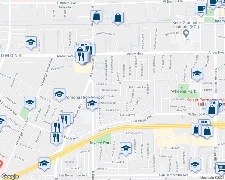 map of restaurants, bars, coffee shops, grocery stores, and more near 915 Hallwood Avenue in Pomona