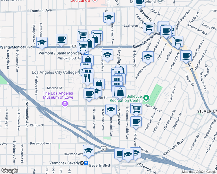 map of restaurants, bars, coffee shops, grocery stores, and more near 4145 Monroe Street in Los Angeles