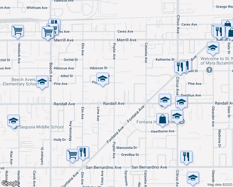 map of restaurants, bars, coffee shops, grocery stores, and more near 9235 Poplar Avenue in Fontana