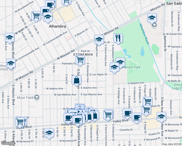 map of restaurants, bars, coffee shops, grocery stores, and more near 111 East Los Higos Street in Alhambra