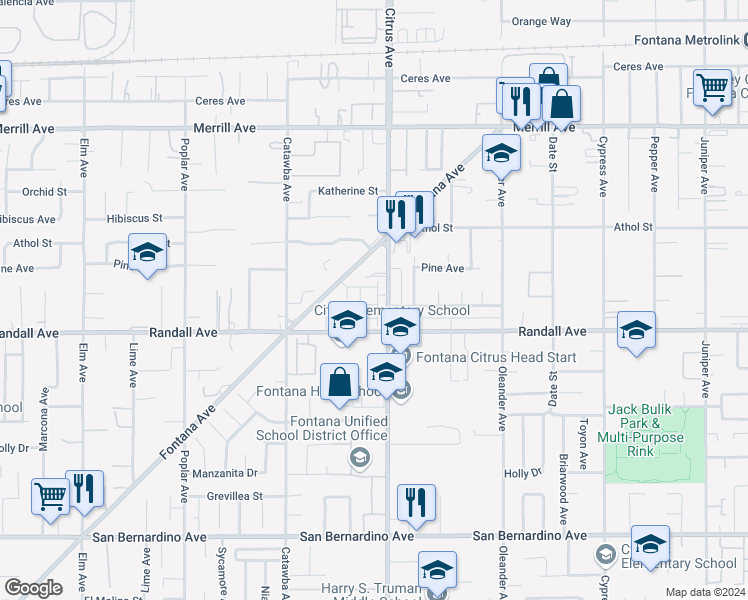 map of restaurants, bars, coffee shops, grocery stores, and more near 9250 Citrus Avenue in Fontana