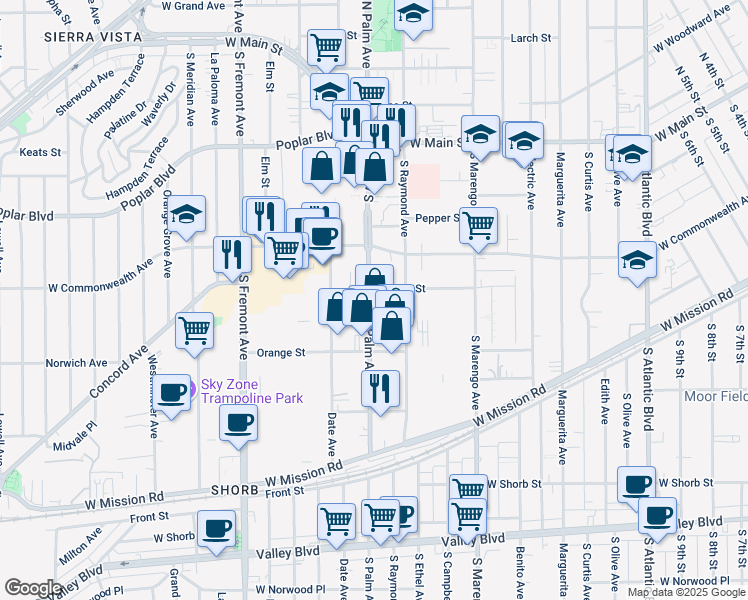 map of restaurants, bars, coffee shops, grocery stores, and more near 410 South Palm Avenue in Alhambra
