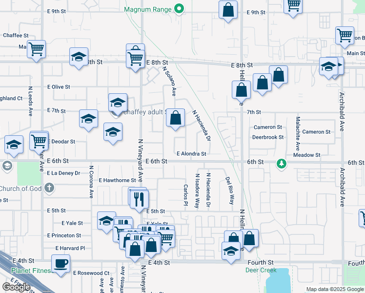 map of restaurants, bars, coffee shops, grocery stores, and more near 1541 North Carlos Avenue in Ontario