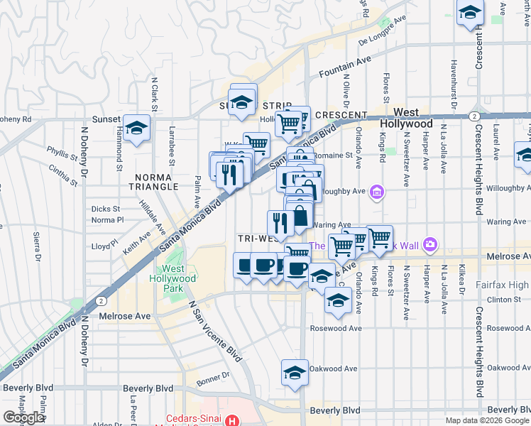 map of restaurants, bars, coffee shops, grocery stores, and more near 837 Westmount Drive in West Hollywood