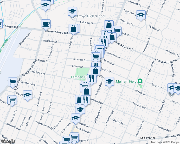 map of restaurants, bars, coffee shops, grocery stores, and more near 4450 Elrovia Avenue in El Monte