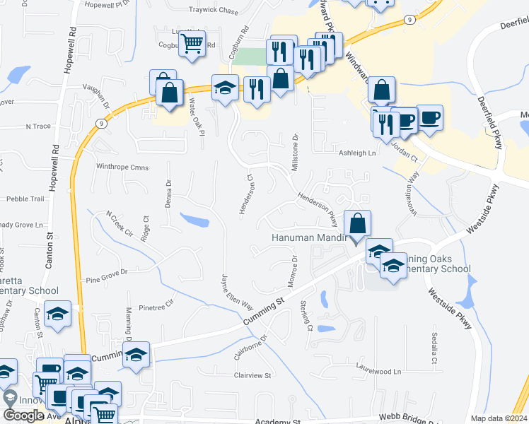 map of restaurants, bars, coffee shops, grocery stores, and more near 2115 Brookridge Terrace in Alpharetta