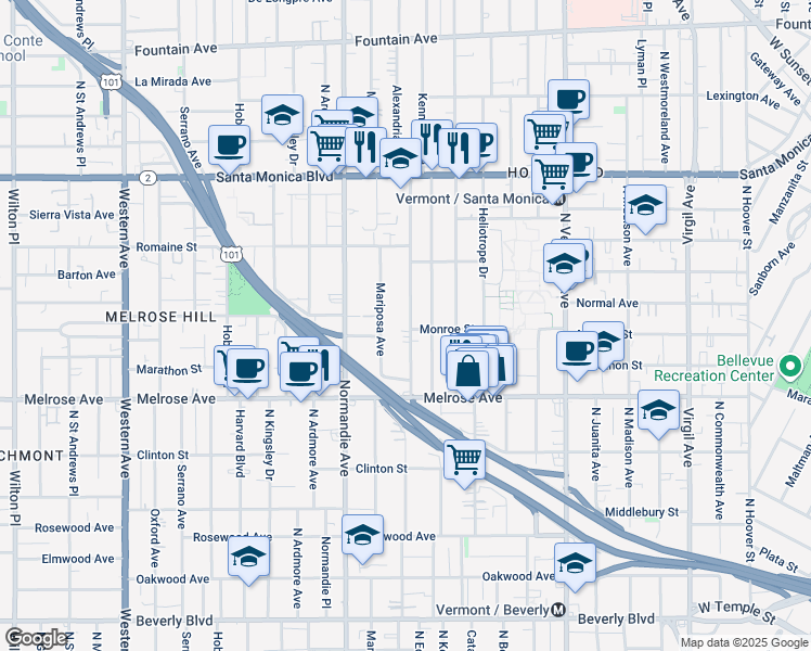 map of restaurants, bars, coffee shops, grocery stores, and more near 800 North Alexandria Avenue in Los Angeles
