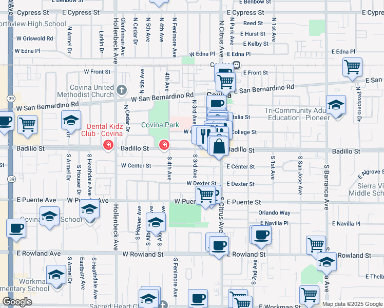 map of restaurants, bars, coffee shops, grocery stores, and more near 202 Badillo Street in Covina