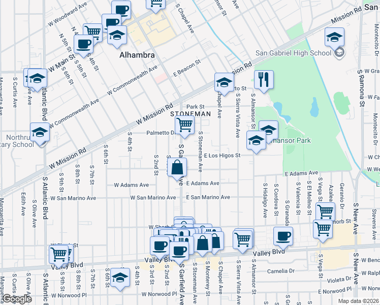 map of restaurants, bars, coffee shops, grocery stores, and more near 21 East Los Higos Street in Alhambra