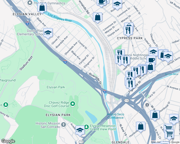 map of restaurants, bars, coffee shops, grocery stores, and more near 2152 Duvall Street in Los Angeles