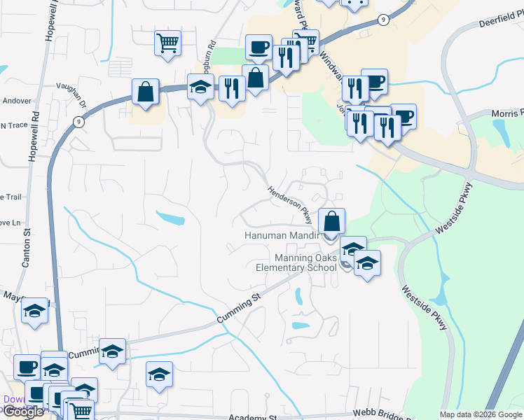 map of restaurants, bars, coffee shops, grocery stores, and more near 6010 Liana Point in Alpharetta