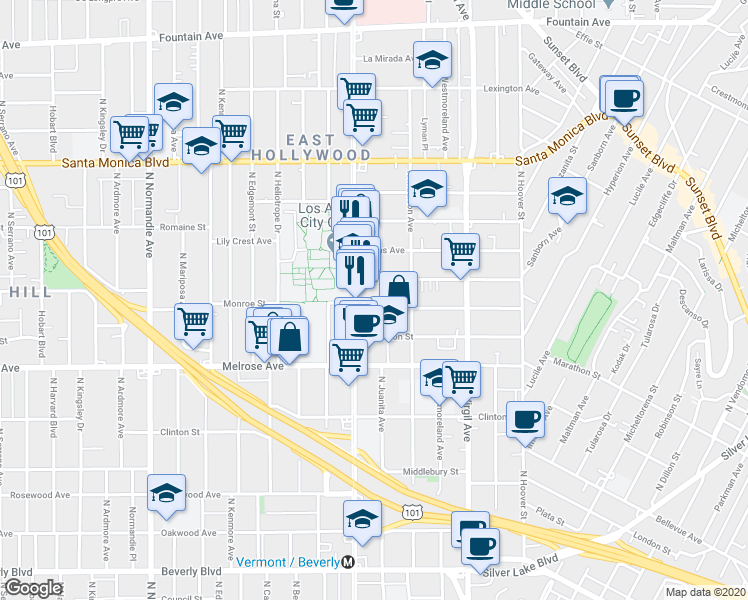 map of restaurants, bars, coffee shops, grocery stores, and more near 4243 Monroe Avenue in Los Angeles