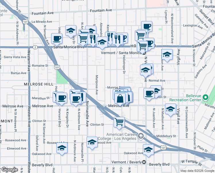 map of restaurants, bars, coffee shops, grocery stores, and more near 4665 Monroe Street in Los Angeles