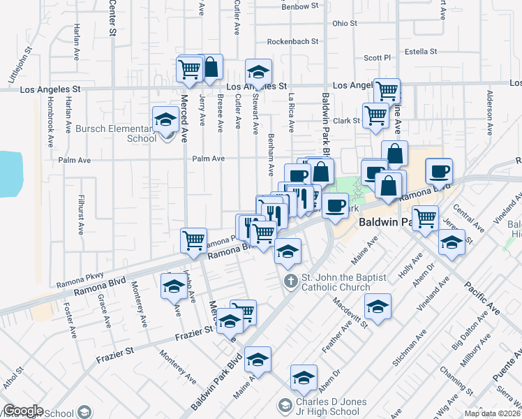 map of restaurants, bars, coffee shops, grocery stores, and more near 4042 Stewart Avenue in Baldwin Park