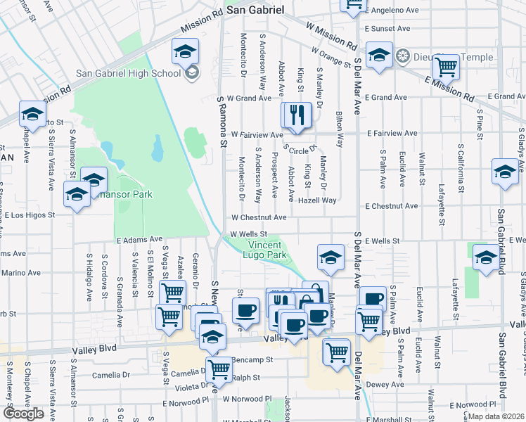 map of restaurants, bars, coffee shops, grocery stores, and more near 1156 South Anderson Way in San Gabriel