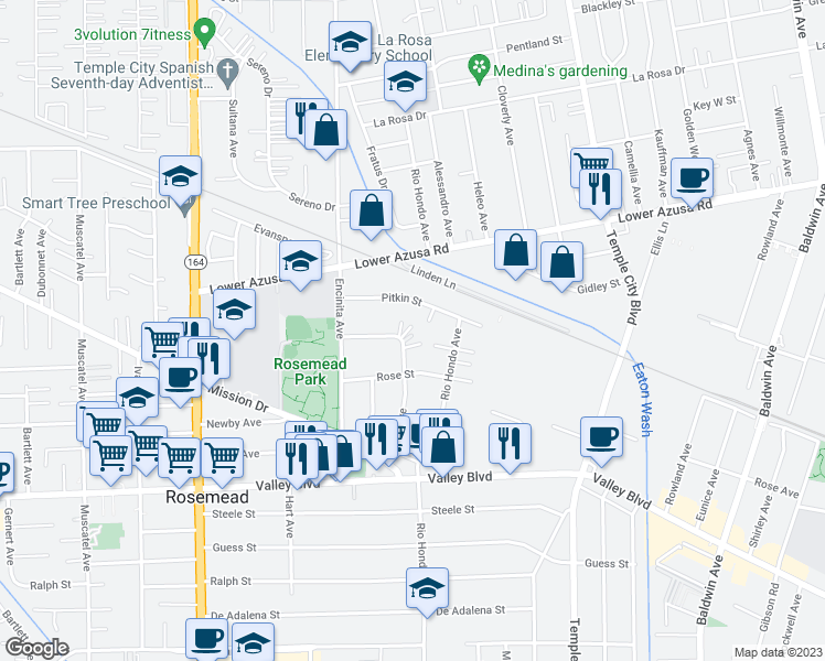 map of restaurants, bars, coffee shops, grocery stores, and more near 9271 Rio Dell Street in Rosemead