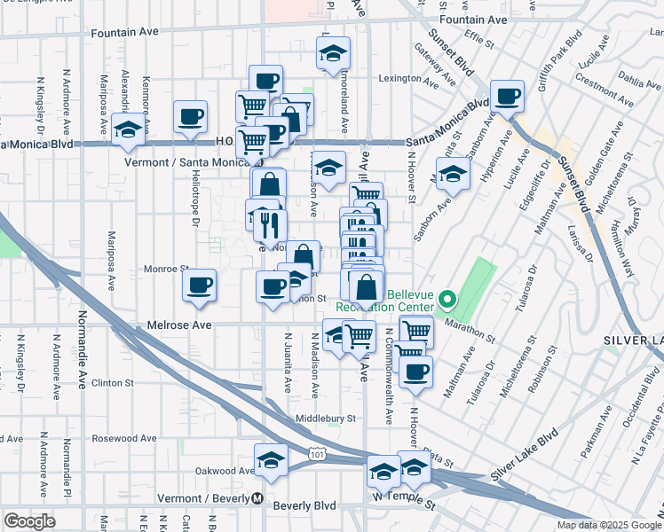 map of restaurants, bars, coffee shops, grocery stores, and more near 4145 Monroe Street in Los Angeles