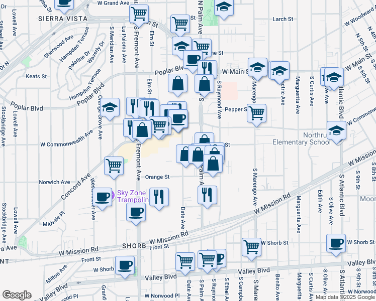 map of restaurants, bars, coffee shops, grocery stores, and more near 400 Date Avenue in Alhambra