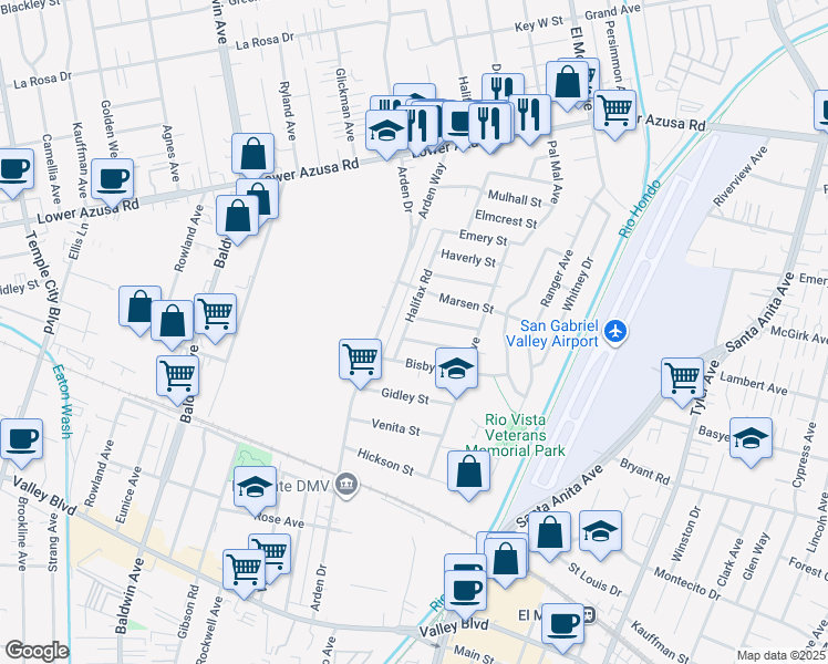 map of restaurants, bars, coffee shops, grocery stores, and more near 4436 Halifax Road in El Monte