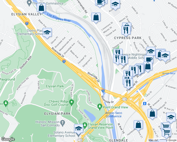 map of restaurants, bars, coffee shops, grocery stores, and more near 2152 Duvall Street in Los Angeles