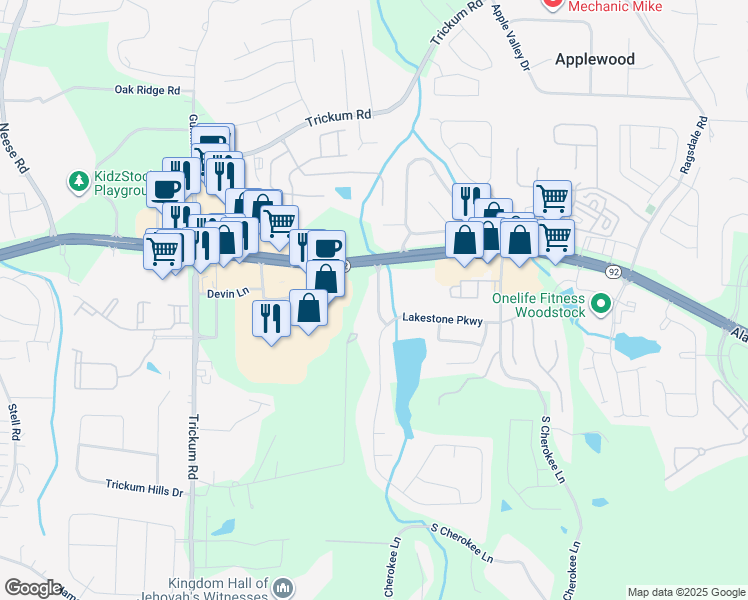 map of restaurants, bars, coffee shops, grocery stores, and more near 410 Lakestone Drive in Woodstock