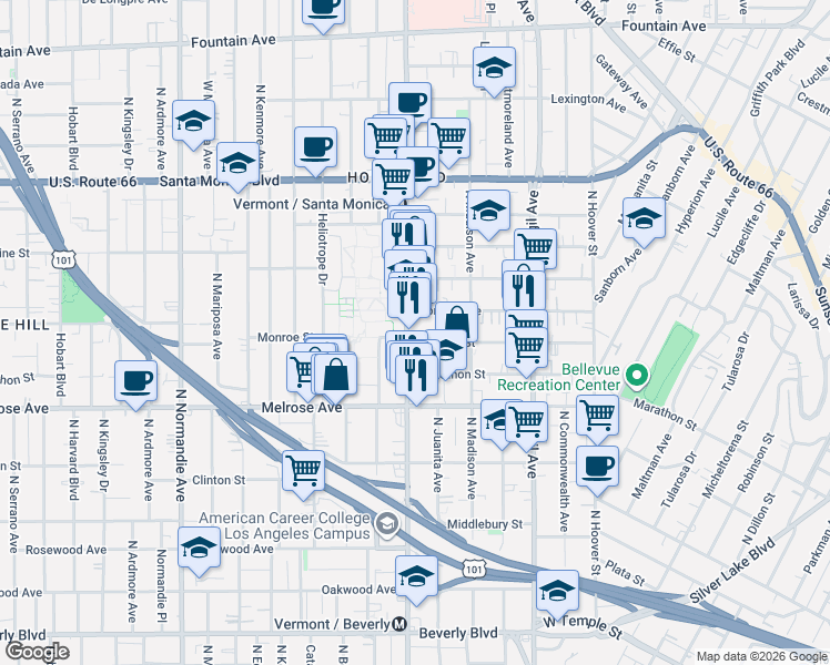 map of restaurants, bars, coffee shops, grocery stores, and more near 808 North Vermont Avenue in Los Angeles