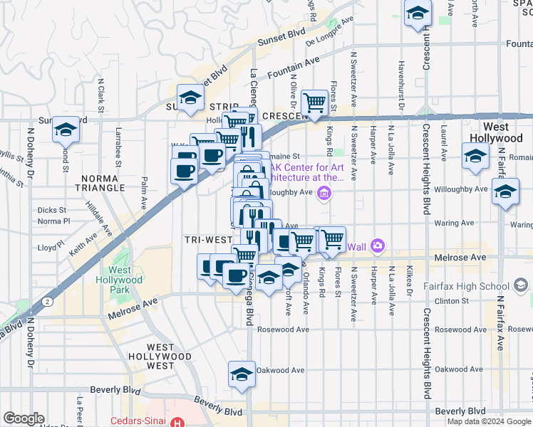 map of restaurants, bars, coffee shops, grocery stores, and more near 817 North Alfred Street in Los Angeles