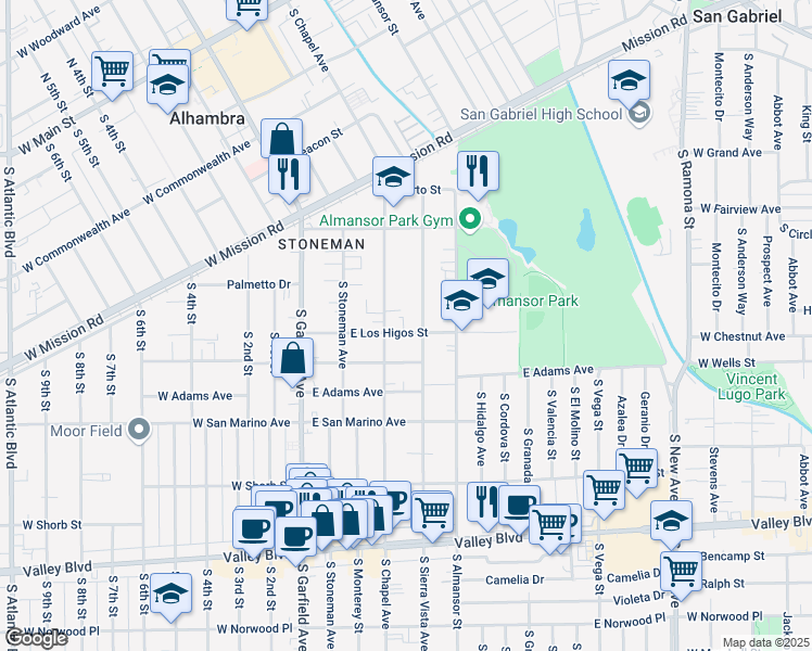 map of restaurants, bars, coffee shops, grocery stores, and more near 315 E Los Higos St in Alhambra
