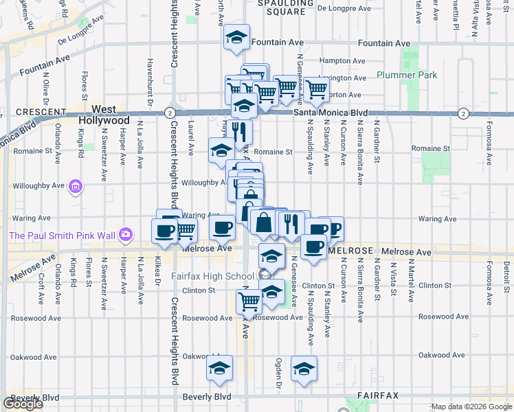 map of restaurants, bars, coffee shops, grocery stores, and more near 817 North Orange Grove Avenue in Los Angeles