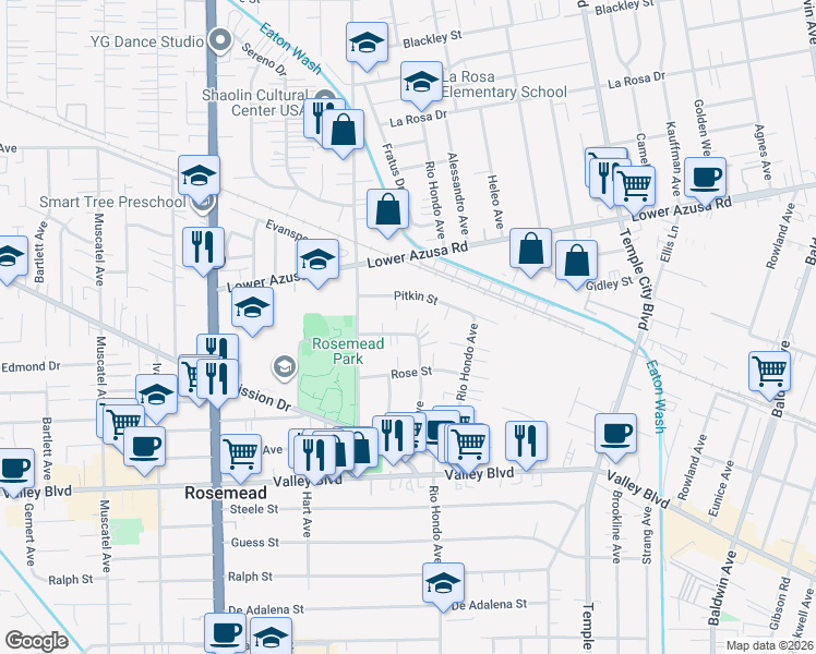 map of restaurants, bars, coffee shops, grocery stores, and more near 9271 Rio Dell Street in Rosemead