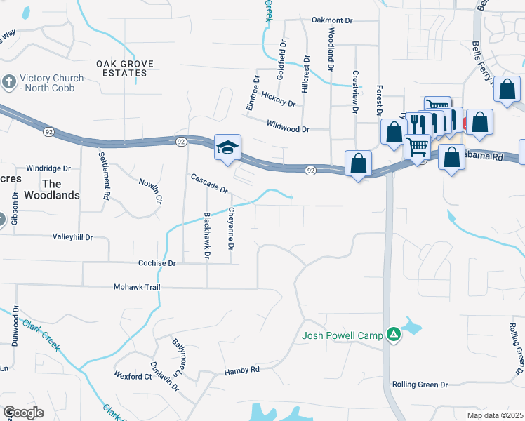 map of restaurants, bars, coffee shops, grocery stores, and more near 5513 Tonowanda Drive in Acworth