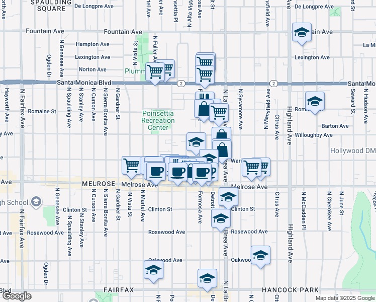 map of restaurants, bars, coffee shops, grocery stores, and more near 822 North Alta Vista Boulevard in West Hollywood