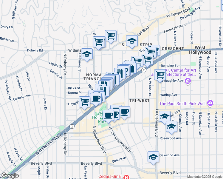 map of restaurants, bars, coffee shops, grocery stores, and more near 805 Palm Avenue in Los Angeles