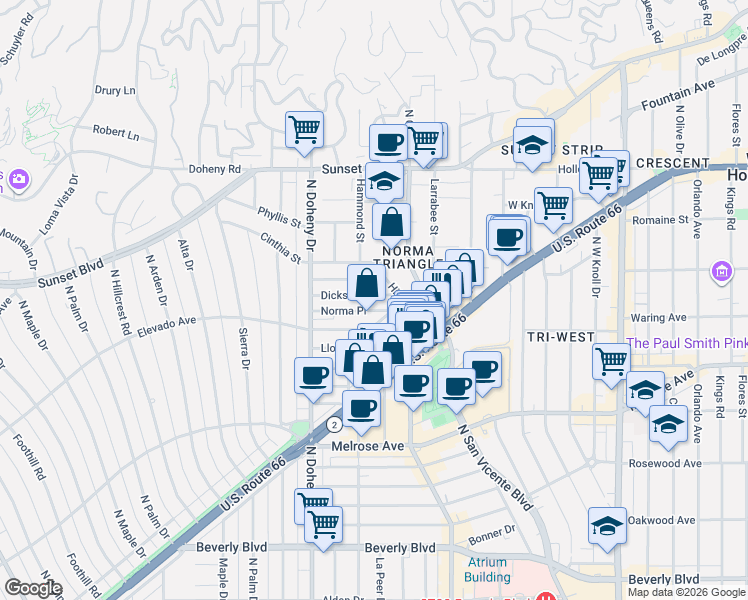 map of restaurants, bars, coffee shops, grocery stores, and more near 8968 Dicks Street in West Hollywood