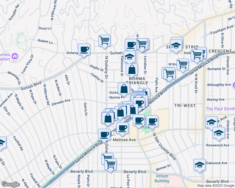 map of restaurants, bars, coffee shops, grocery stores, and more near 9016 Dicks Street in West Hollywood