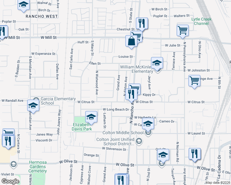 map of restaurants, bars, coffee shops, grocery stores, and more near 1654 Grand Avenue in Colton