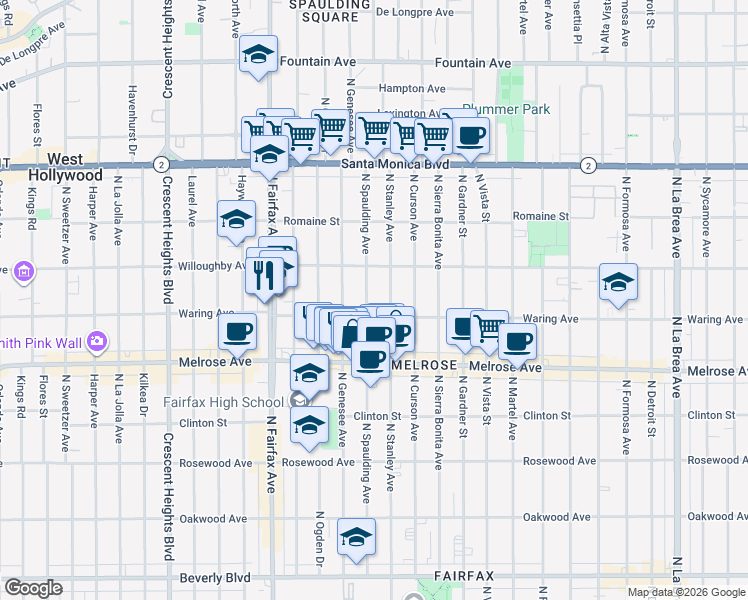 map of restaurants, bars, coffee shops, grocery stores, and more near 821 North Spaulding Avenue in Los Angeles