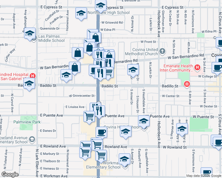 map of restaurants, bars, coffee shops, grocery stores, and more near 1838 East Badillo Street in West Covina