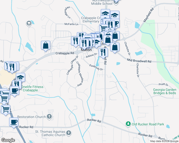 map of restaurants, bars, coffee shops, grocery stores, and more near 525 Sherman Oaks Way in Alpharetta