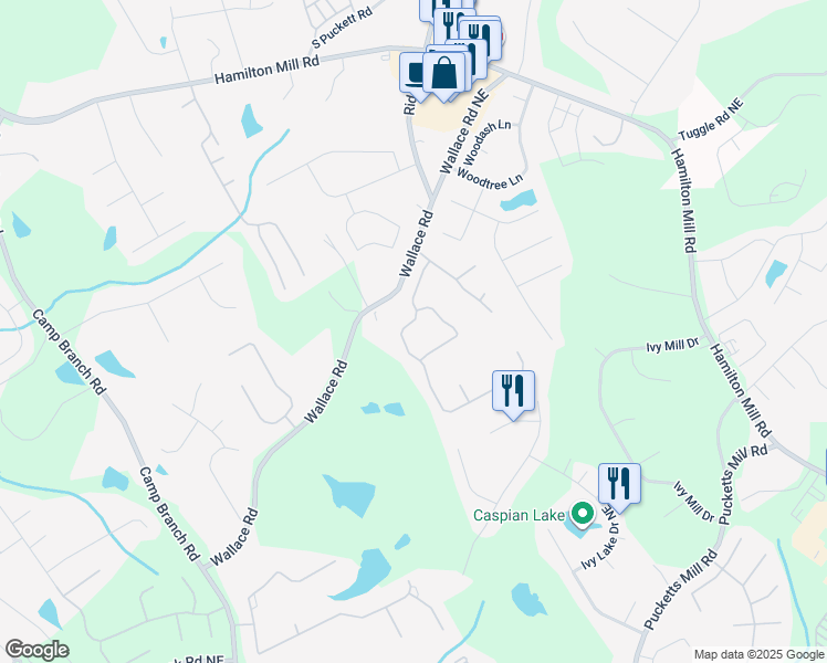 map of restaurants, bars, coffee shops, grocery stores, and more near 3155 Victoria Park Drive Northeast in Buford