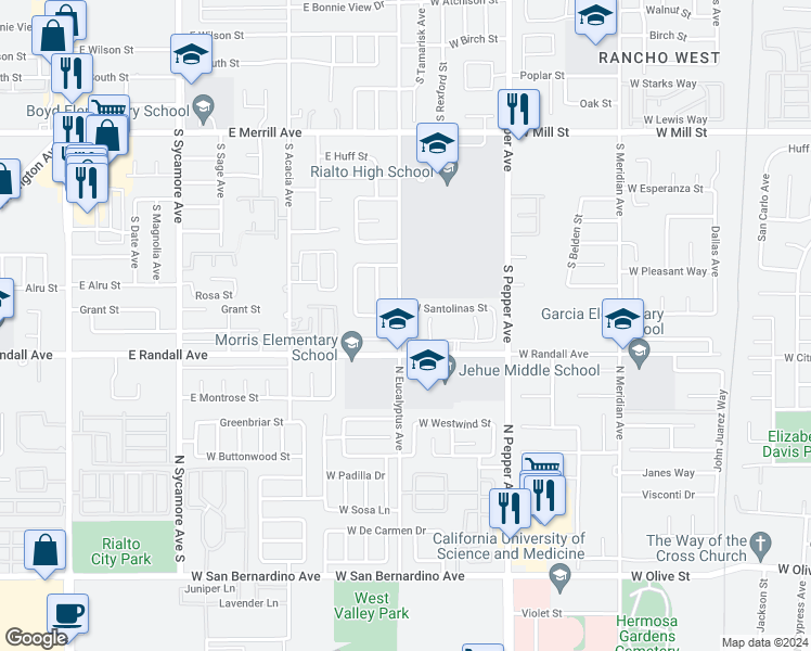 map of restaurants, bars, coffee shops, grocery stores, and more near 856 South Tamarisk Avenue in Rialto