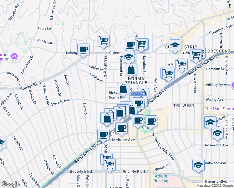 map of restaurants, bars, coffee shops, grocery stores, and more near 9016 Dicks Street in West Hollywood